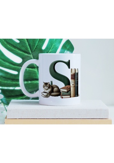 S Harf Kedi Ve Kitaplar Figürleri İle Kupa Bardak - Kitap Ve Kedi Severlere Özel - Manevi Hediye Beyaz