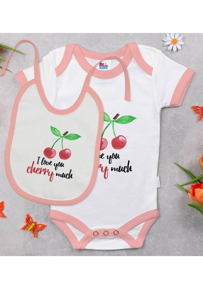 Bk Kids Cherry Much Tasarımlı Pembe Bebek Body Zıbın Ve Mama Önlü Çok Renkli