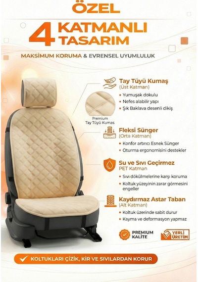 Oto Koltuk Kılıfı Tay Tüyü Tekli Ön Minder 4 Katmanlı Terletmez Airbag Uyumlu - Bej