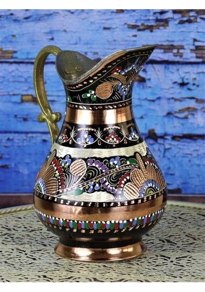 Gül Çiçek İşlemeli Bakır Sürahi