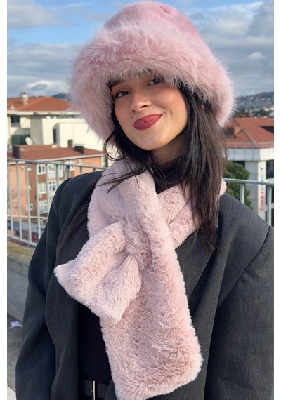 Mollycrush Peluş Rus Tarzı Bucket Kalpak Şapka Atkı 2'li Set Kadın Kışlık Suni Kürk Pembe 2'li Takım Pembe