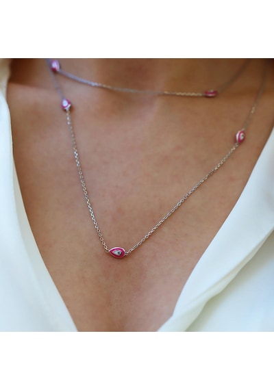Pembe Mineli Damla Model Gümüş Zincir Gümüş