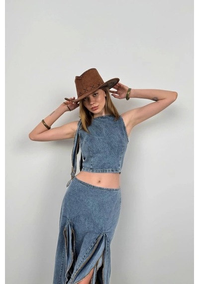 Defymoda Fırfır Detay Denim Bluz Açık Mavi
