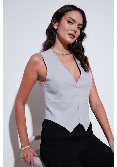 Lela Fitted Fit Düğmeli V Yaka Düğmeli Bayan Yelek 6696796 Açık Gri