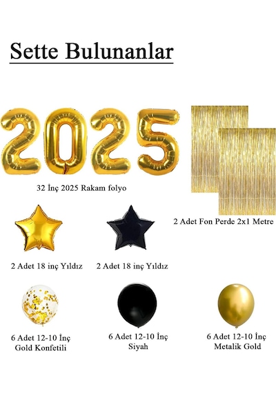 2025 Temalı Gold Renkli Lüks Mezuniyet Kutlama Seti Gold