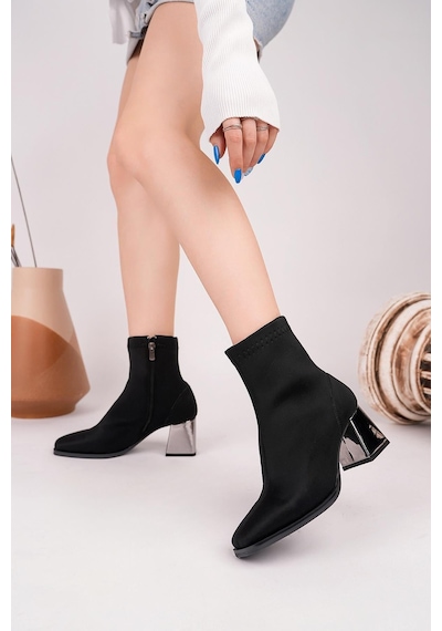Nesilshoes Nesil Shoes Senyo 625 Siyah Saten Strech Ayna Topuklu Kadın Bot