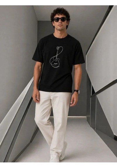 Efnaz Style Erkek Minimal Gitar Baskılı Tişört T-shirt Yazlık Kısa Kol Bisiklet Yaka T-shirt - Siyah