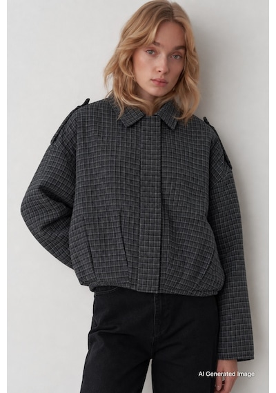 Madmext Antrasit Ekose Desenli Oversize Kadın Bomber Ceket Mg2920