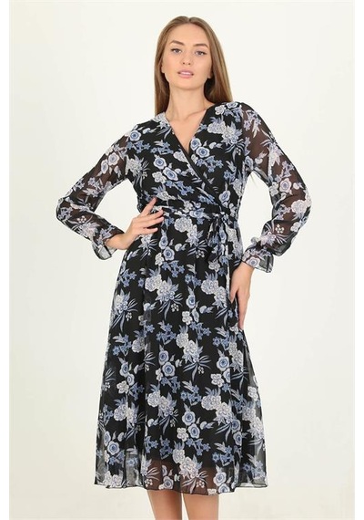 Neşeli Butik Kadın Mavi Çiçek Desenli Kuşaklı Kruvaze Şifon Elbise Rssn16 Mavi