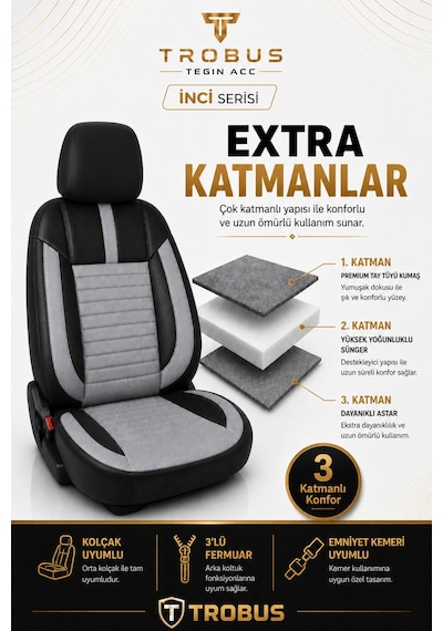 Nissan Note 2006-2012 Uyumlu İnci Serisi Gri Siyah Oto Koltuk Kılıfı