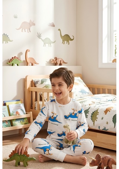 Bunny Hopp Erkek Çocuk Dinozor Desenli Pijama Takımı %100 Pamuk Beyaz Uzun Kollu Ev Giyimi