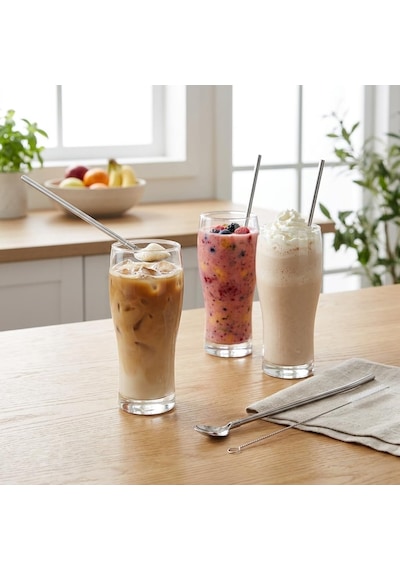5 Parça Karıştırıcı Kaşıklı Paslanmaz Çelik Pipet Seti, 4 Adet Kaşıklı Metal Pipet Ve Temizleme Fırçası, Soğuk Kahve, Smoothie, Milkshake, Limonata, Kokteyl Ve İçecek Sunumu İçin
