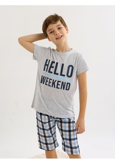 Vitmo Erkek Çocuk Kısa Kollu Kapri %100 Pamuklu Pijama Takımı Hello Weekend KARMELANJ