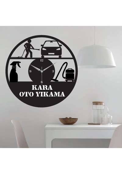 Oto Yıkama Temalı Ahşap Duvar Saati Siyah