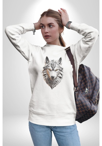 Beyaz Kurt Kafası Unisex Beyaz Baskılı Sweatshirt Beyaz