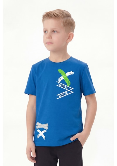 Panios Kids White Yazı Baskılı Yuvarlak Yaka Kısa Kollu Erkek Çocuk Yazlık Tişört Mavi