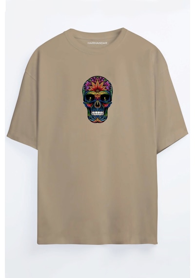 Renkli Kurukafa Baskılı Unisex Siyah - Beyaz - Turuncu - Bej Oversize T-shirt Bej