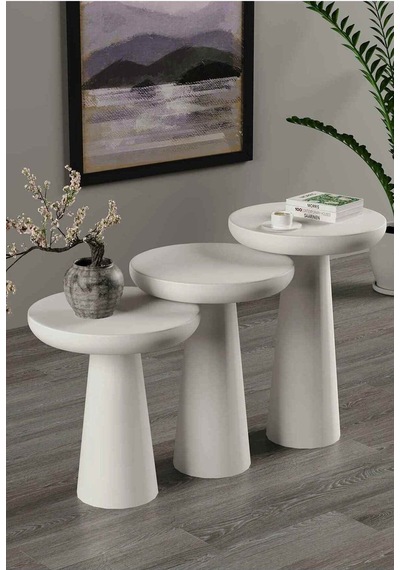 Ahşap Mantar Sehpa 3 Lü Set Beyaz Renk Masif Doğal Fiskos Sehpa Zigon Takımı - Side Table Beyaz