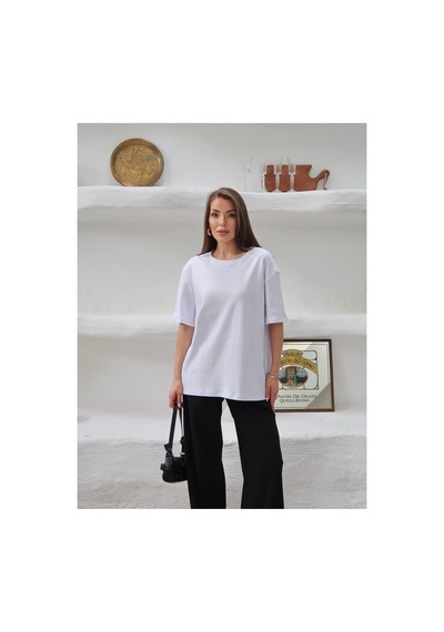 Paw Garage Kadın Mia İnterlok Kumaş Bisiklet Yaka Oversize T-shirt Beyaz