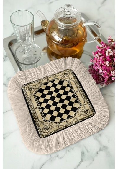 Damalı Eskitme Motifli Püsküllü Sunum Peçetesi - Vintage Siyah Krem Bardak Altlığı Sunum Mendili