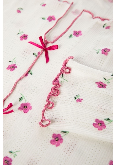 Kadın Pamuklu Çıtır Çiçek Desenli Baby Overloklu Fiyonk Detaylı Uzun Kollu Pijama Takımı Desenli