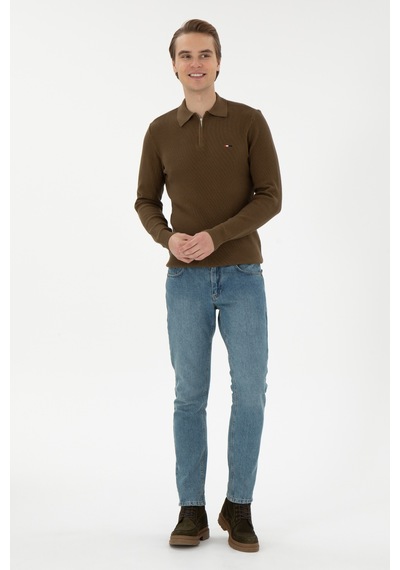 U.S. Polo Assn. Erkek Regular Fit Yarım Fermuarlı Haki Basic Kazak 50298266-VR027
