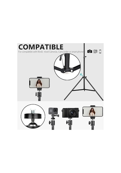 Ayrex Bluetooth Kumandalı Metal Tripod, 2 Metre Ayarlanabilir Yükseklik, 360 Derece Döner Başlıklı Telefon Tutucu, Genel