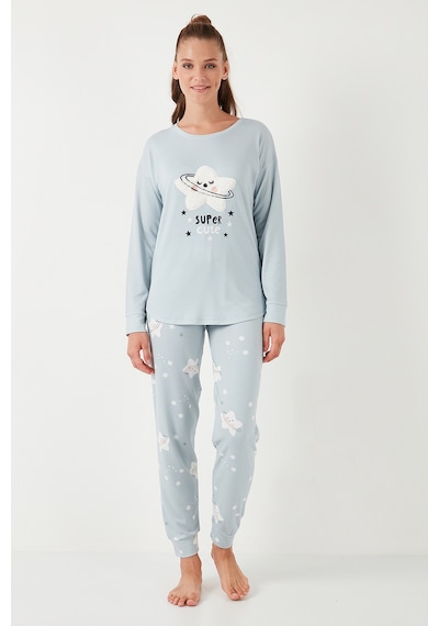 Lela Streç Standart Fit Bisiklet Yaka Desenli Bayan Pijama Takımı 6095700 Açık Gri