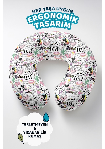 Unicorn Kalpli Pamuklu Boyun Yastığı - Renkli Sevimli Pembe Siyah Seyahat Yastığı Doygun Yağmur Fırtına Mavisi