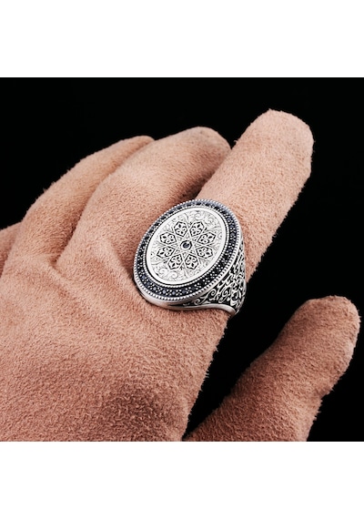 925 Ayar Gümüş Ay Yıldız Motifli Kalem İşlemeli Erkek Yüzük Silver