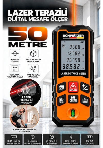 50 Metre Profesyonel Lazer Metre Su Terazili Dijital Ekranlı Hassas Mesafe Ölçer
