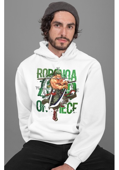 Sevbano Roronoa Zoro Baskılı Unisex Oversize One Piece Anime Hoodie beyaz