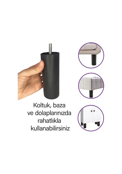 Silindir Destek Ayağı 12 Cm Siyah Gizli Ayak M8 Civatalı Incediş Mobilya Kanepe Baza Koltuk Siyah Diğer