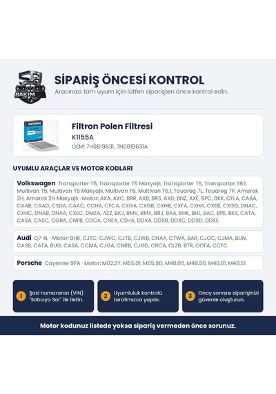 Filtron K1155a Polen Filtresi - Transporter T5 03+ / Touareg 04-10 / Amarok 10+ / Audi Q7 10+