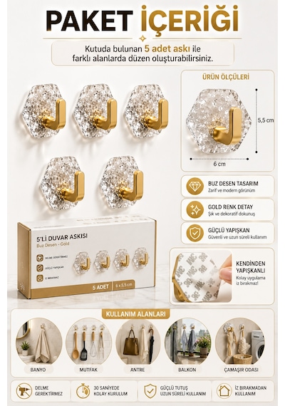 Gold Kendinden Yapışkanlı 5'li Duvar Askısı Banyo Mutfak Havlu Askılığı Buz Desen Dekoratif Seti Altın
