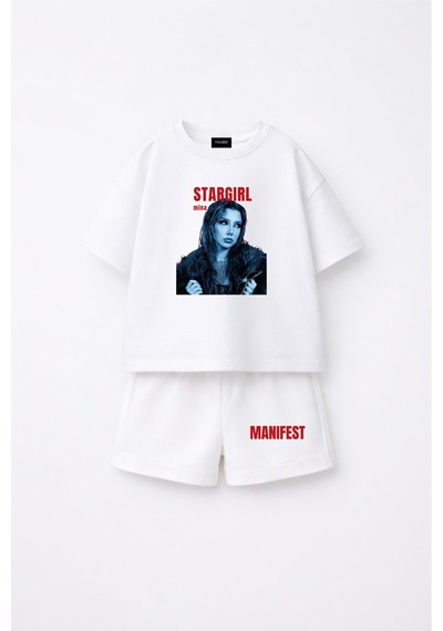Fasardi Manifest Girls Mina Baskılı Oversize %100 Pamuk Tişört Şort 2li Çocuk Takım Beyaz