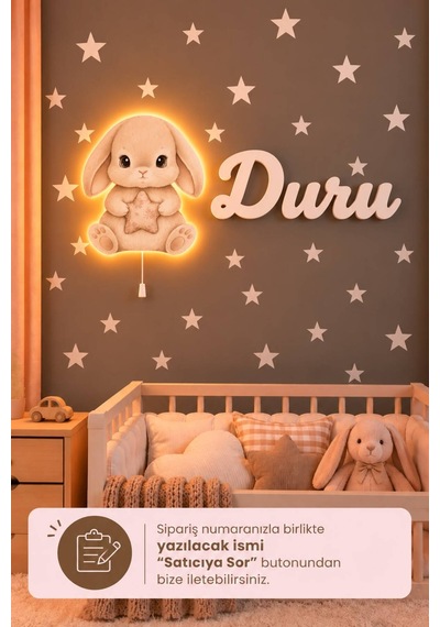 Ahşap Sevimli Tavşan Lamba & Işıksız İsimlik Seti İsimli Bebek Ve Çocuk Odası Dekoru Beyaz