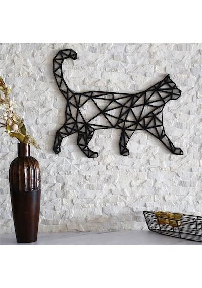 Cajuart Dekoratif Geometrik Desen Büyük Kedi Ahşap Duvar Tablo Sü