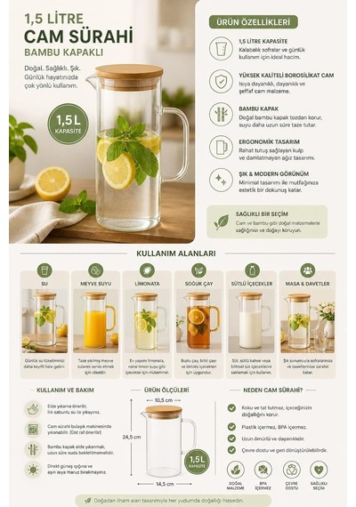 Lexroo Cam Sürahi 1,5 Litre Bambu Kapaklı, Borosilikat Cam Sürahi, Limonata Sürahisi