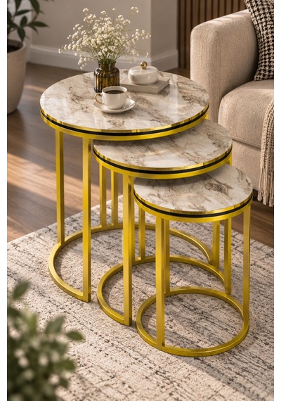 Sulorahome Efes Beyaz Mermer Desenli Gold Metal C Ayaklı 3'lü Zigon Sehpa Takımı Tablalar Beyaz Mermer / Ayaklar Gold
