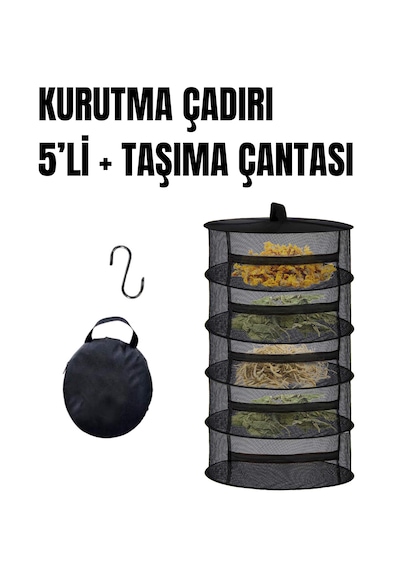 Tineke 5 Katlı Fermuarlı Meyve Sebze Kurutma Filesi Katlanabilir Doğal Kurutma Sepeti Siyah Siyah