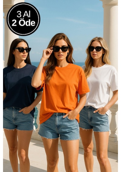 Kadın 3'lü Paket Siyah-beyaz-turuncu %100 Pamuk Oversize Basic Tişört Bisiklet Yaka Relaxed T-shirt Çok Renkli