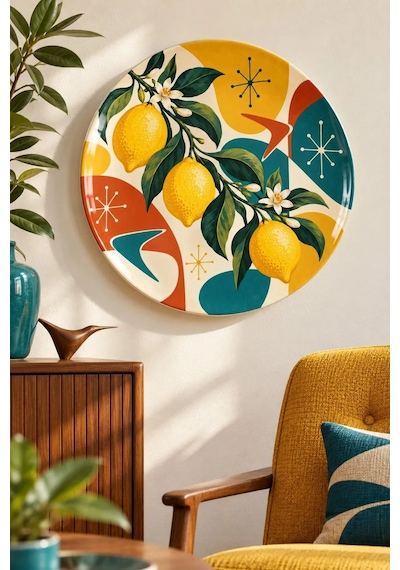Dekoratif Duvar Tabağı Limonlu Retro Esintiler Dekorlu Seramik Tabak Siyah