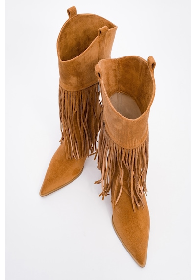 Luvishoes Luvi Shoes Gueras Taba Süet Püsküllü Sivri Burun Kadın Topuklu Çizme Taba