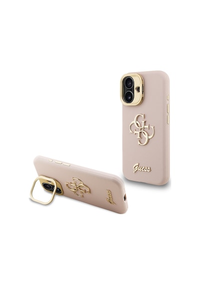 Apple Uyumlu iPhone 16 Kılıf Guess Lisanslı Grained Yazı Logolu Kamera Standlı Kapak Pembe