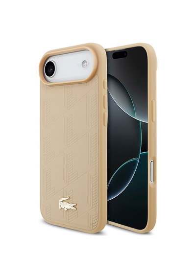 Apple Uyumlu iPhone 17 Air Kılıf Lacoste Lisanslı M-safeli Pu Deri Tasarımlı Karışık Monogram Desenli Kapak Bej Bej