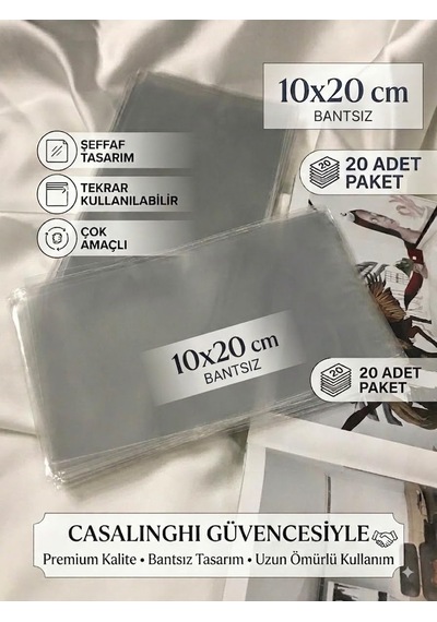 Bantsız 10x20 Cm Kurabiye Poşeti Yapışkansız Jelatin Şeffaf Opp Torba 10x20 Cm - 20 Adet