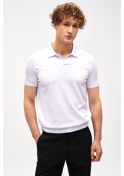 Beyaz Slim Fit Dar Kalıp Polo Yaka Düz Kısa Kollu Triko Tişört-16331 Beyaz
