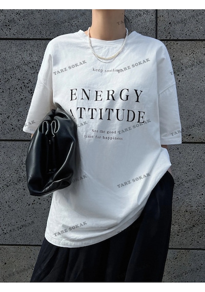 Adrift Energy Baskılı Oversize Kalıp Unisex T-shirt Beyaz