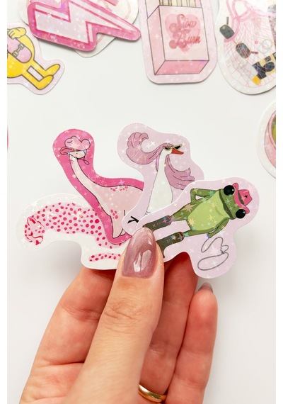 Pembe Renk Temalı Hologram Stickerlar 21 Adet Sticker Paketi Suya Dayanıklı Laptop Termos Telefon Etiket Seti